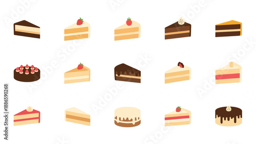Assorted cakes and pastries on white background, top view of sweet treats