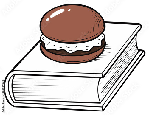 Cartoon drawing of a book with a sandwich on top