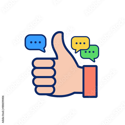 Thumbs up hand with colorful chat bubbles UI icon.