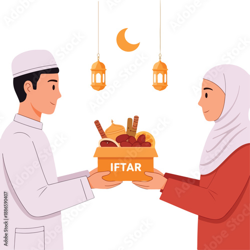 Heartwarming moment of couple sharing iftar meal together with traditional food and lanterns, symbolizing togetherness, kindness, and spirituality during ramadan