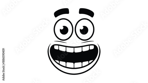 Black and white cartoon face with wide smile and raised eyebrows eyes