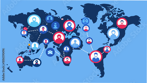 Global network of people connecting individuals across continents with digital communication