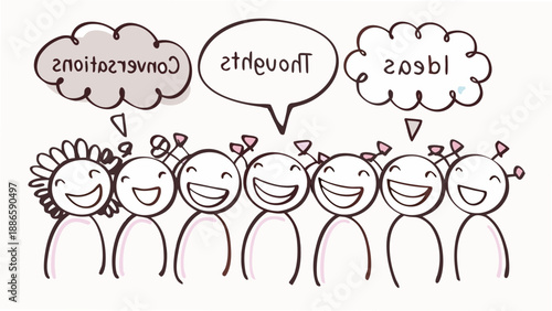 A group of smiling people with thought bubbles containing positive words