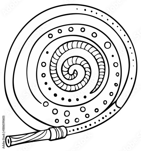 Spiraled Wind Instrument with Tribal Decorative Elements in Black and White Line Art