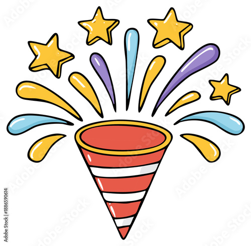 Party popper with star and colorful splashes illustration