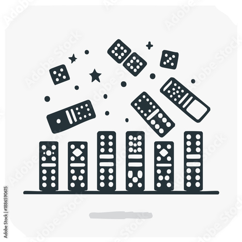 Falling Dominos Illustration with Dice and Stars Symbolizing Risk and Chance