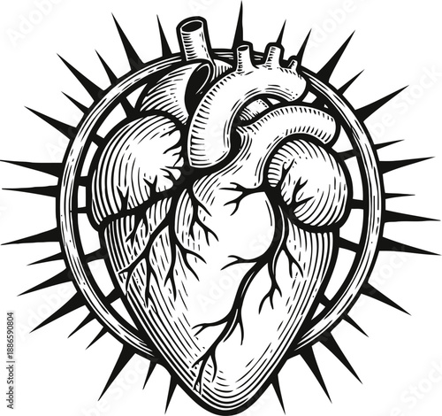 Detailed black and white illustration of a human heart with veins and arteries inside spiked circular frame
