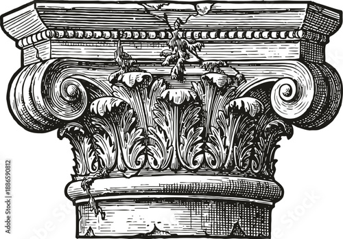Detailed corinthian column capital with acanthus leaves and volutes in classical architectural