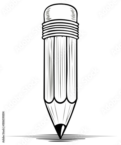 Monochrome drawing of a pencil with eraser, graphite stroke on surface for text