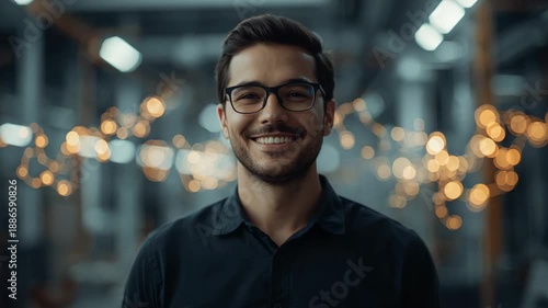 Camera holding steady filming smiling man wearing glasses, dark shirt widening smile in plant bokeh