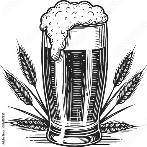 Vintage illustration of a frothy beer glass surrounded by wheat sheaves, drink and grain concept