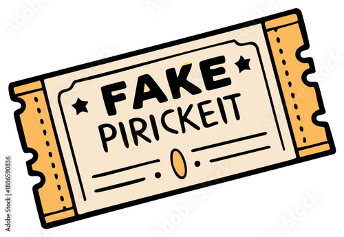Cartoon illustration of a fake ticket with stars and perforated edges showing the word FAKE