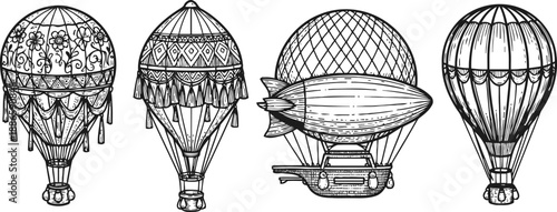 Vintage hot air balloons and airship collection steampunk air travel, retro flying balloons sketches