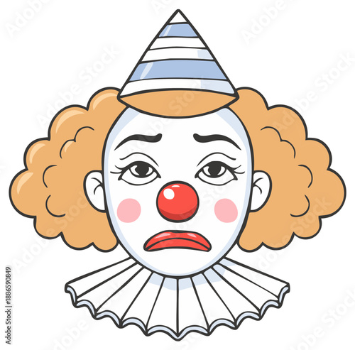 Unhappy cartoon clown head with a blue striped party hat and ruffled collar showing sadness