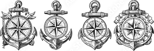 Vintage nautical compass and anchor set marine navigation tools with intricate design elements and rope details