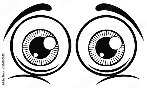 Cartoon wide open eyes illustration with raised eyebrows expressing surprise and shock in a black and white drawing for graphic design