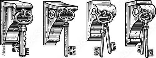 Vintage detailed wood corbel with ornate skeleton keys hanging, antique architectural element and old fashioned metal keys