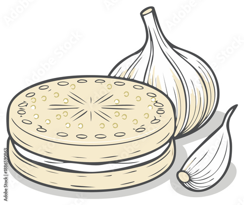Garlic Bread Round Loaf with Whole Bulb and Clove for Cooking or Flavor Illustration