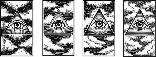 Mystical all seeing eye within triangle, surrounded by clouds, detailed monochrome esoteric design