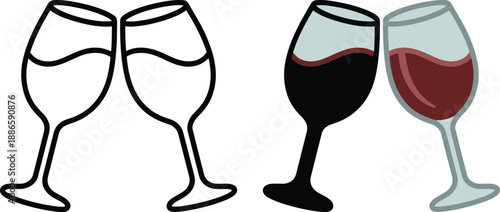 Set of clinking wine glasses in outline solid and flat color styles for toast celebration icons