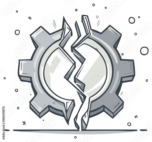 Cartoon illustration of a cracked gear, symbol of breakdown, failure, or problem