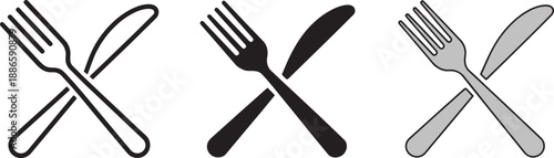 Fork and knife crossed icons for restaurant dining and food service industry graphic resources