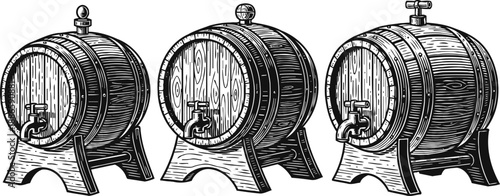 vintage wooden barrels with taps set classic rustic beverage containers on stands with detailed wood texture