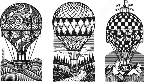 vintage hot air balloons soaring over mountains and forests in detailed black and white illustration