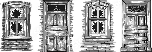 old broken windows and wooden doors with shattered glass and boarded planks in vintage