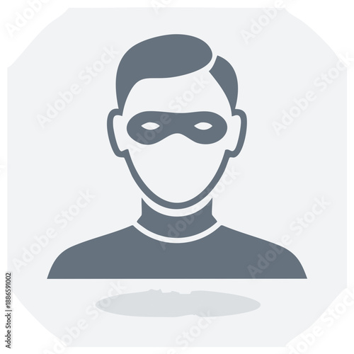 Stylized icon of a masked man representing a criminal or spy with a simple silhouette and subtle shadow