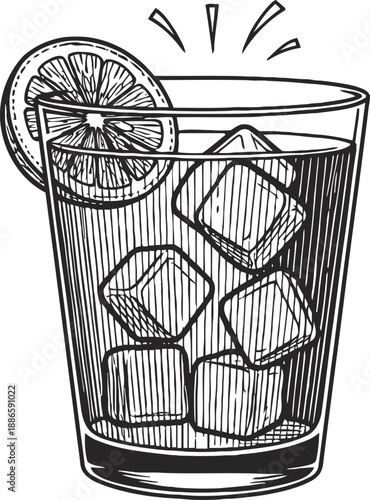 Glass of iced drink with lemon slice and ice cubes, refreshing cold beverage illustration