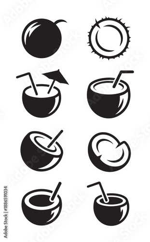 Black and white of coconuts with straws and umbrellas