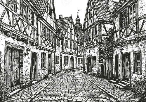Old cobblestone street with medieval timber framed buildings and narrow alleys in historic town