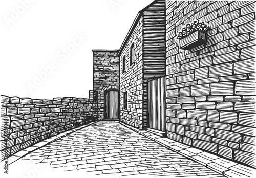 Narrow stone alley with textured brick walls and cobblestone pavement in vintage architectural