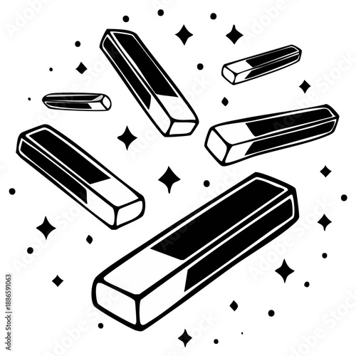 Floating rectangular blocks with a shimmering effect creating a magical celestial ambiance and sparkling atmosphere in a black and white style