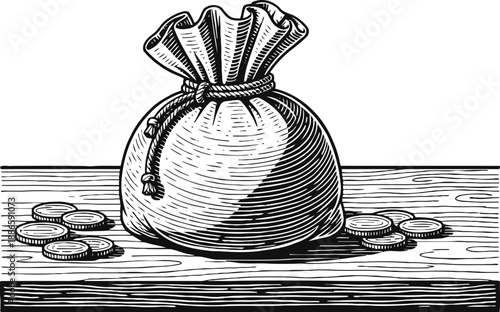 bag of coins with scattered loose coins on wooden surface vintage hand drawn money illustration