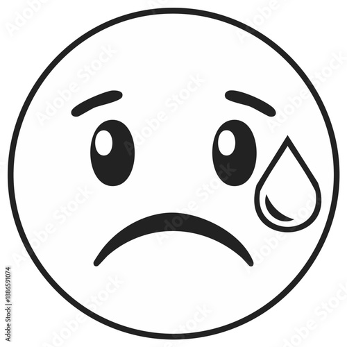 Sad Emoji with Tear Drop, Expressing Sorrow, Disappointment or Grief, Minimalist Black and White Illustration for Emotional Messaging