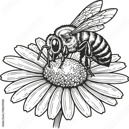 Bee gathering nectar on a daisy flower detailed black and white illustration nature insect pollination