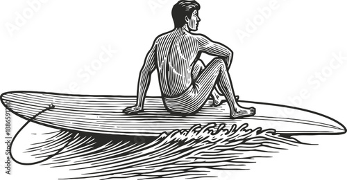 Surfer sitting on surfboard riding ocean wave black and white line art illustration