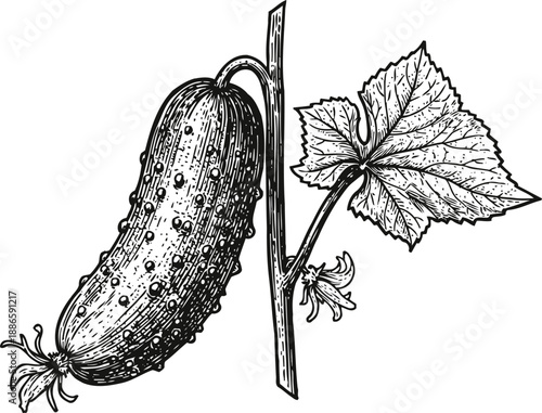 Hand drawn cucumber with leaf and flower on vine vintage garden vegetable illustration botanical sketch