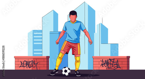 Vector illustration Male soccer player dribbling ball, urban street. Dynamic graphic of youth sports, street football, city buildings, graffiti