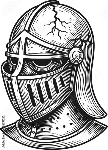 Medieval knight helmet with cracks and damage vintage armor head protection drawing, ancient battle gear illustration