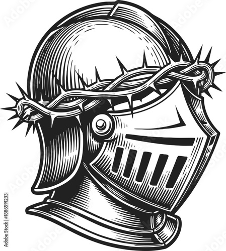 Medieval knight helmet with crown of thorns vintage armor head, warrior helmet engraving, ancient battle gear