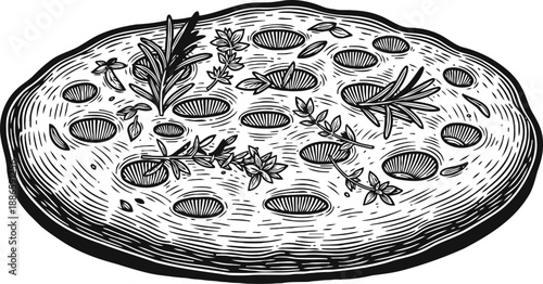 Hand drawn focaccia bread with herbs illustration italian traditional flatbread with rosemary and thyme garnish