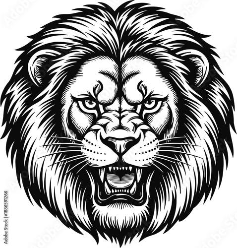 Roaring lion head illustration with fierce expression and detailed mane design in black and white