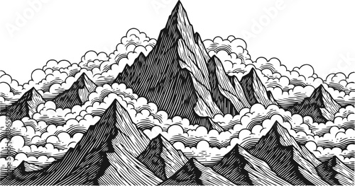 hand drawn mountain landscape with towering peaks and swirling clouds in detailed black and white sketch