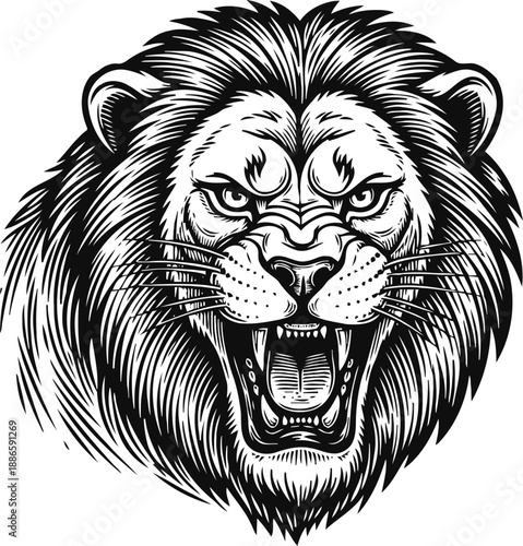 Ferocious roaring lion head illustration with detailed mane and fierce expression in black and white