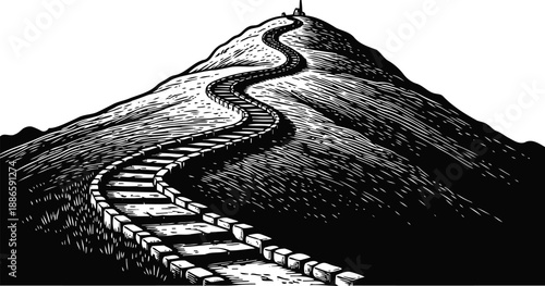 Mountain path winding to the summit with steps and a distant building silhouette