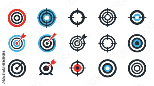 Various target icons with arrows hitting the bullseye, archery symbols on a plain white background from different viewpoints