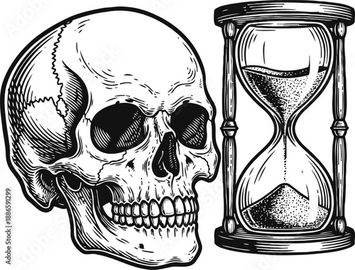 Human skull and vintage hourglass illustration symbolizing mortality and time passing
